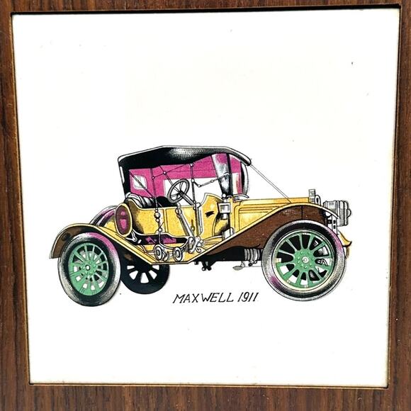 Vintage Ceramic Tile in Wood Antique Cars Automobile Maxwell 1911 Made in Japan - Picture 4 of 4